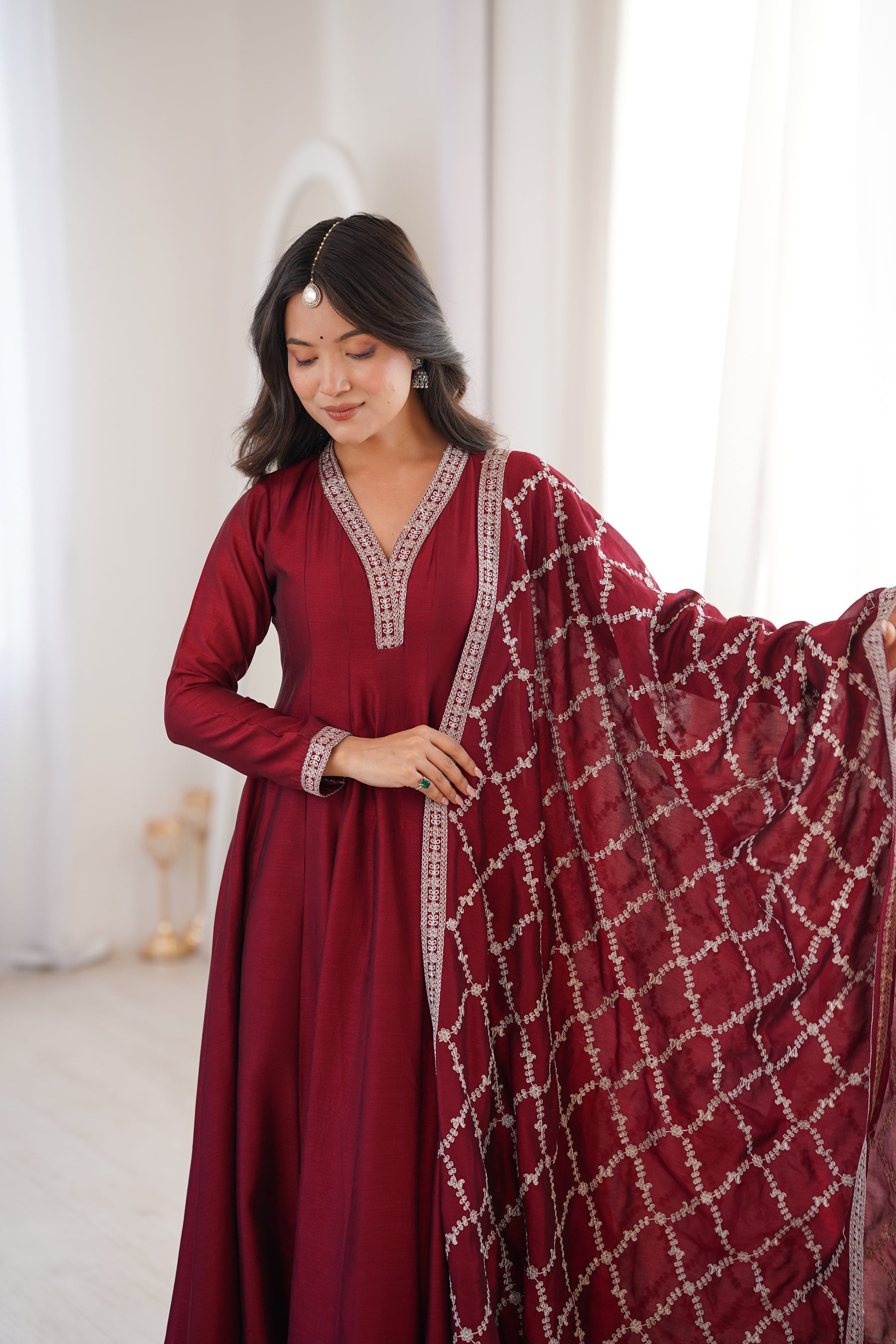 Maroon Vichitra Silk Anarkali Gown with Embroidery and Dupatta