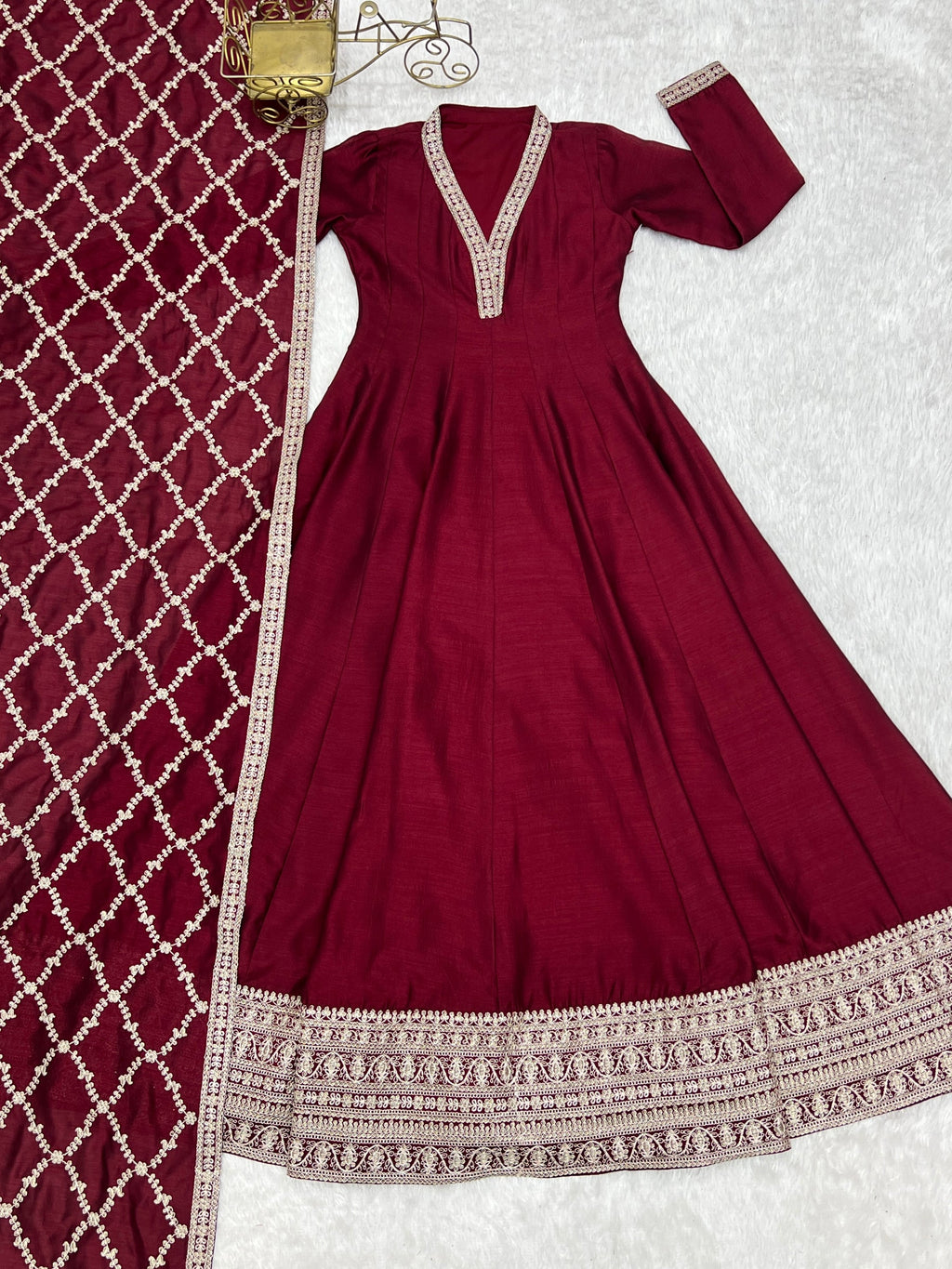 Maroon Vichitra Silk Anarkali Gown with Embroidery and Dupatta