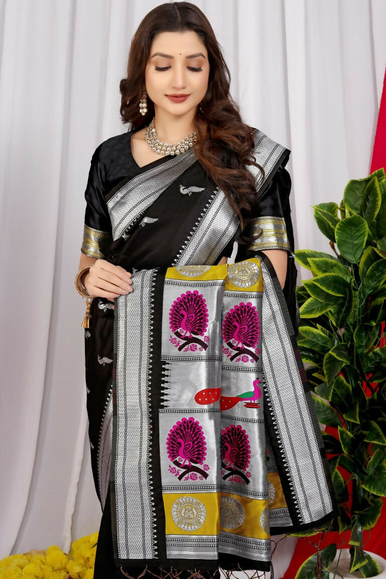 Black Paithani Silk Saree with Zari Woven Border and Blouse