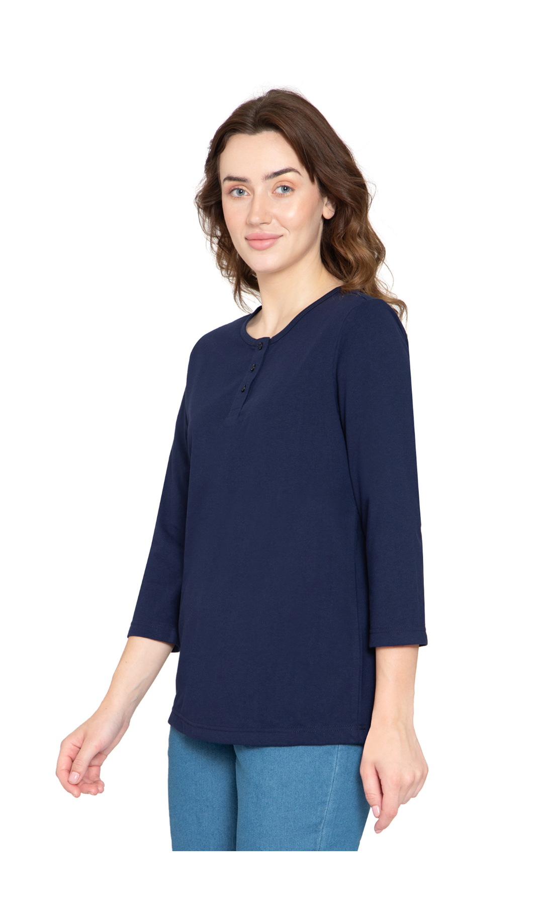 Women's 3/4 Sleeve Henley Top with Button Placket