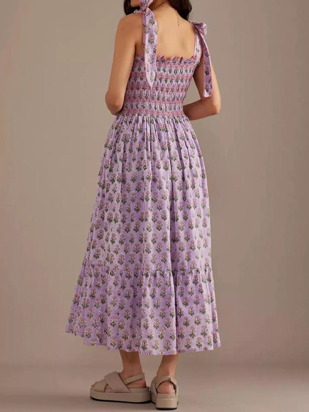 Floral Smocked Tie-Shoulder Midi Dress