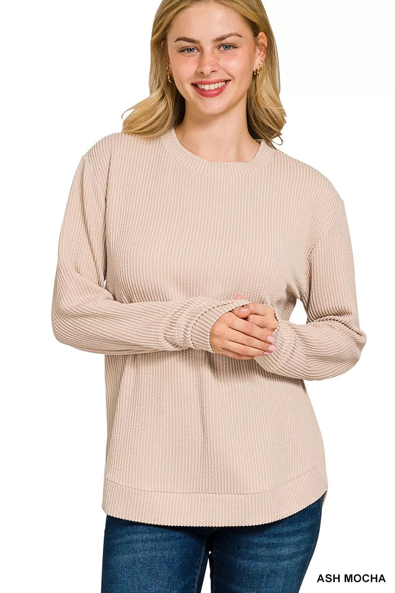 Zenana Raised Rib Long Sleeve Top | Crew Neck Knit