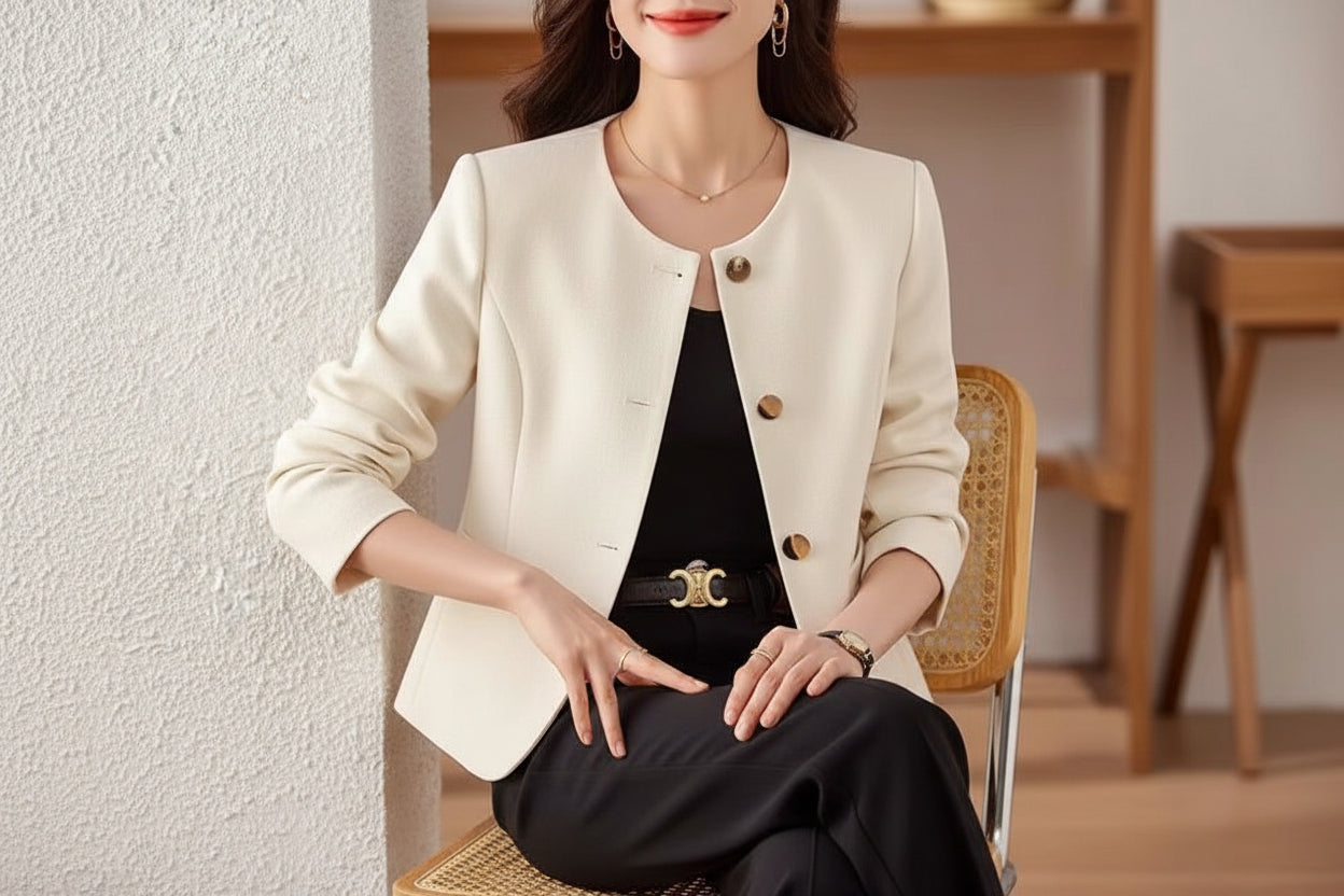 Model wearing a cream-colored cropped crew neck jacket with button closure and black trousers