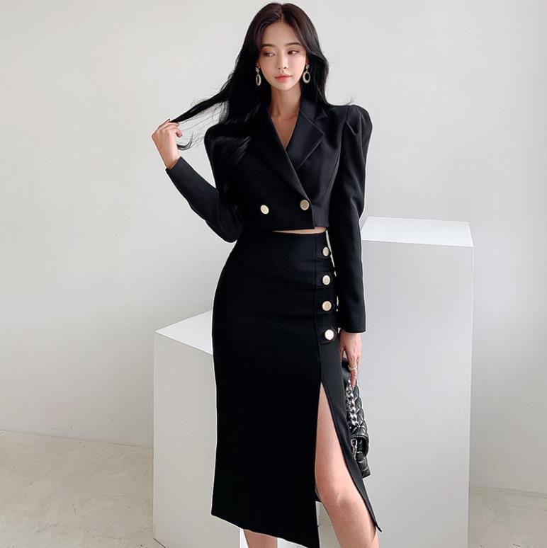 Women's Black Midi Coat Skirt Suit High Waist Slimming Professional