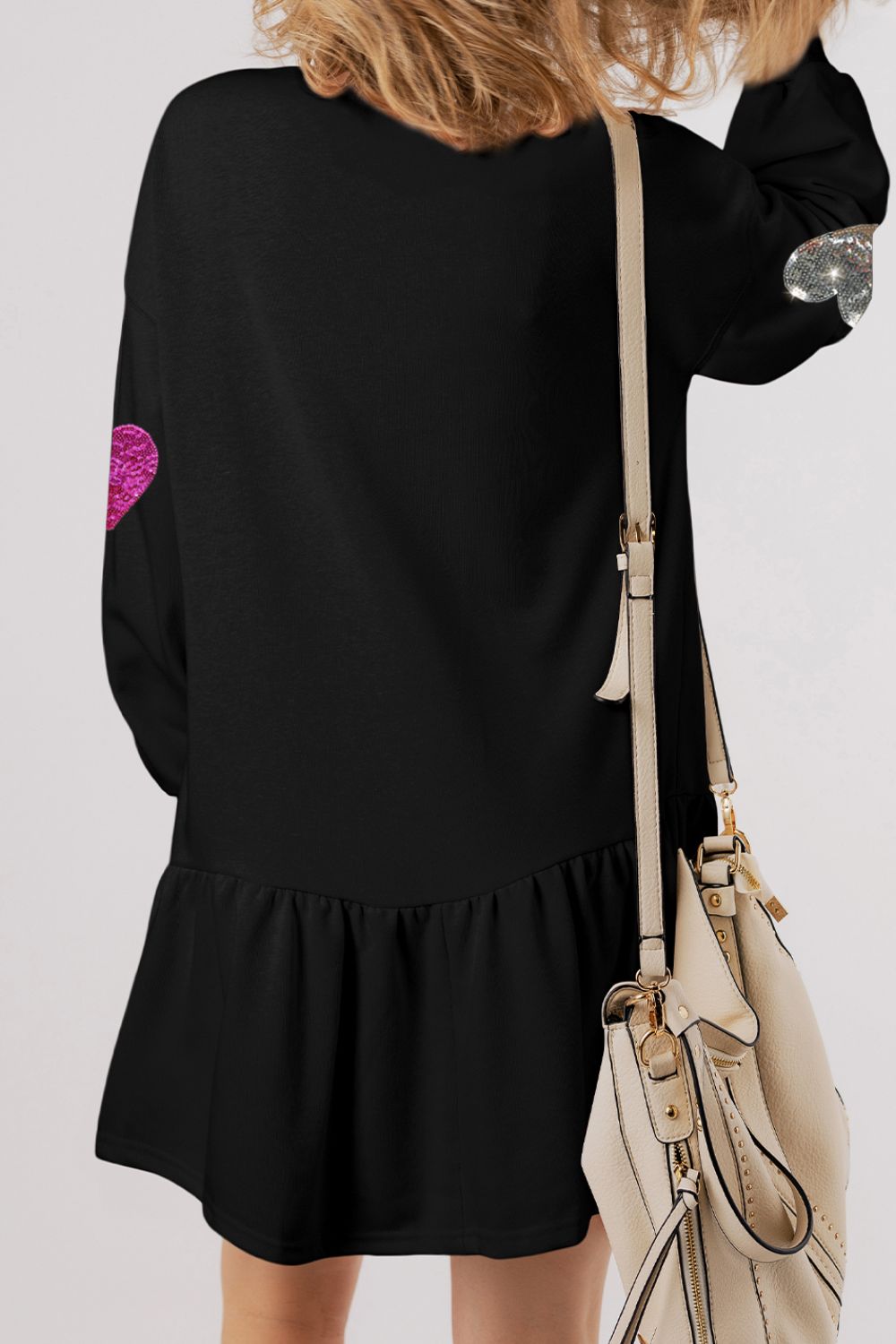 Girls Heart Round Neck Long Sleeve Knit Mini Dress in Pink & Grey