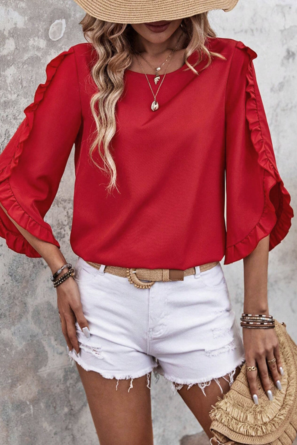 Black Frill Trim Plain Tulip Sleeve Blouse