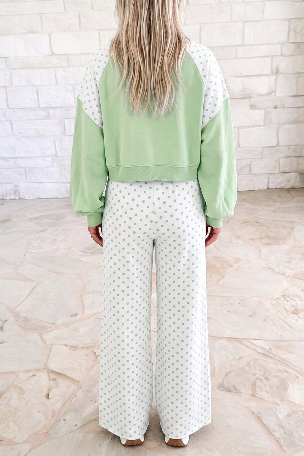 Green Polka Dot Patchwork Colorblock Long Sleeve Casual Two Piece Pants Set