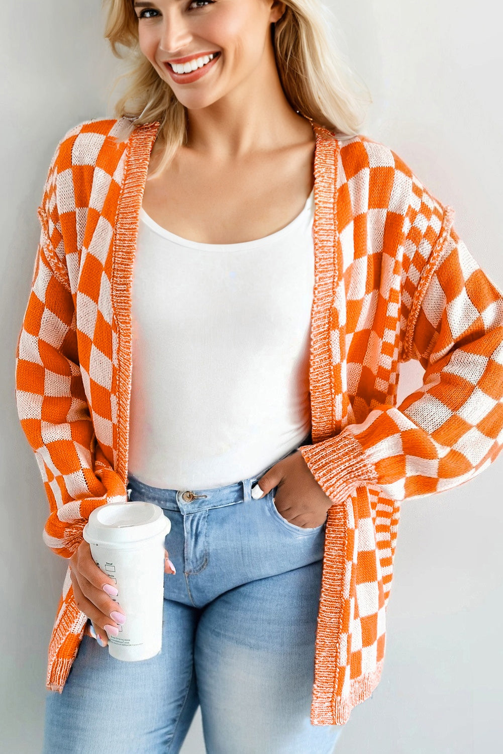 Brown Checkered Bubble Sleeve Drop Shoulder Open Cardigan