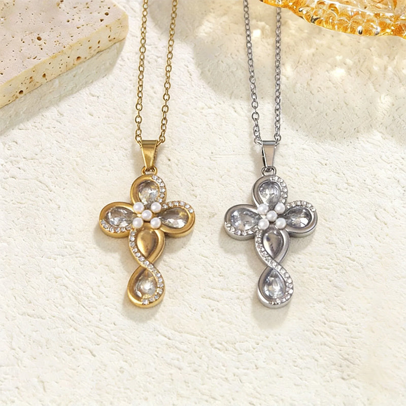 Elegant stainless steel cross pendant necklace inlaid with sparkling rhinestones