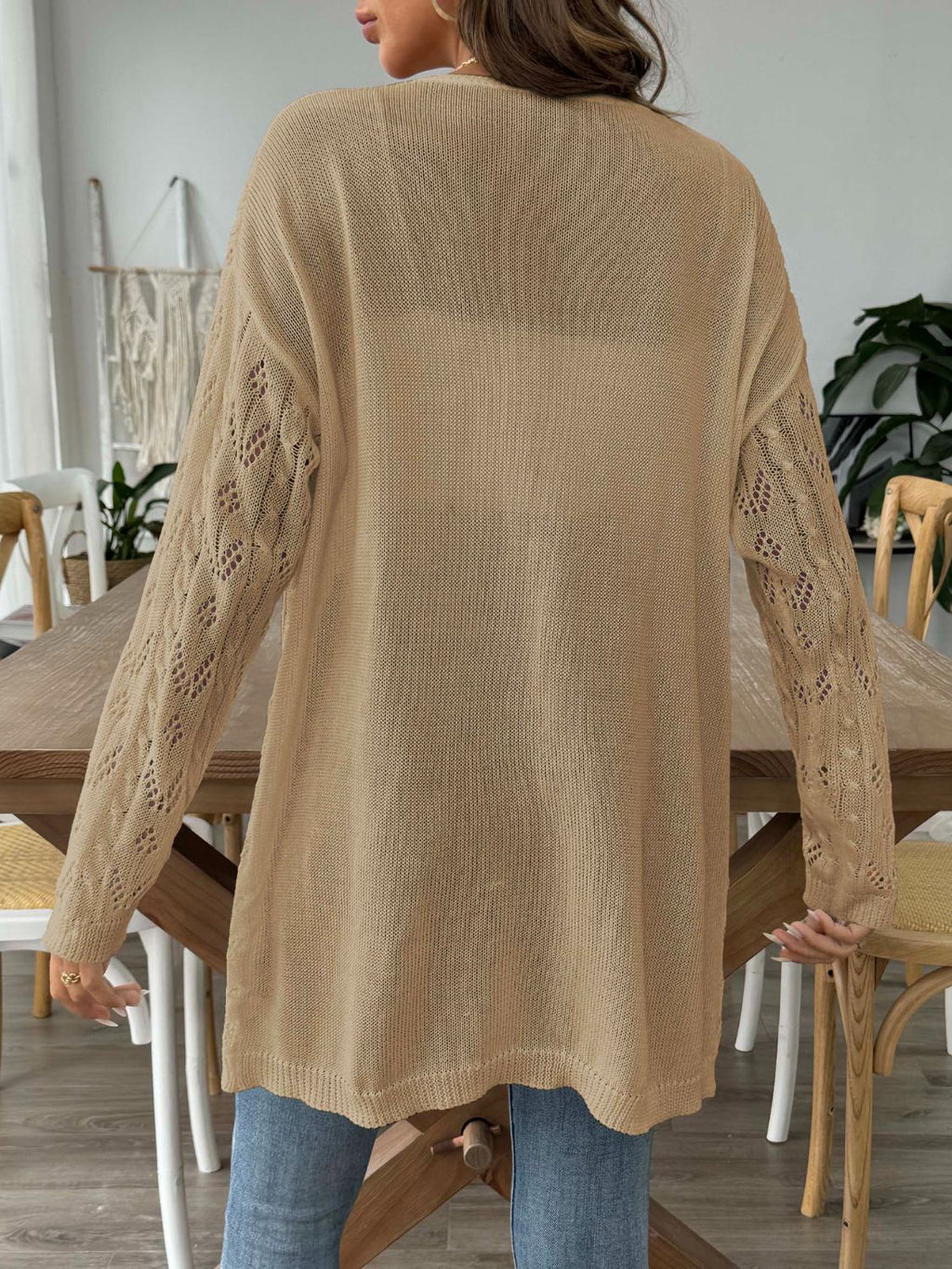 White Openwork Open Front Long Sleeve Cardigan Lightweight Knit - Image 11
