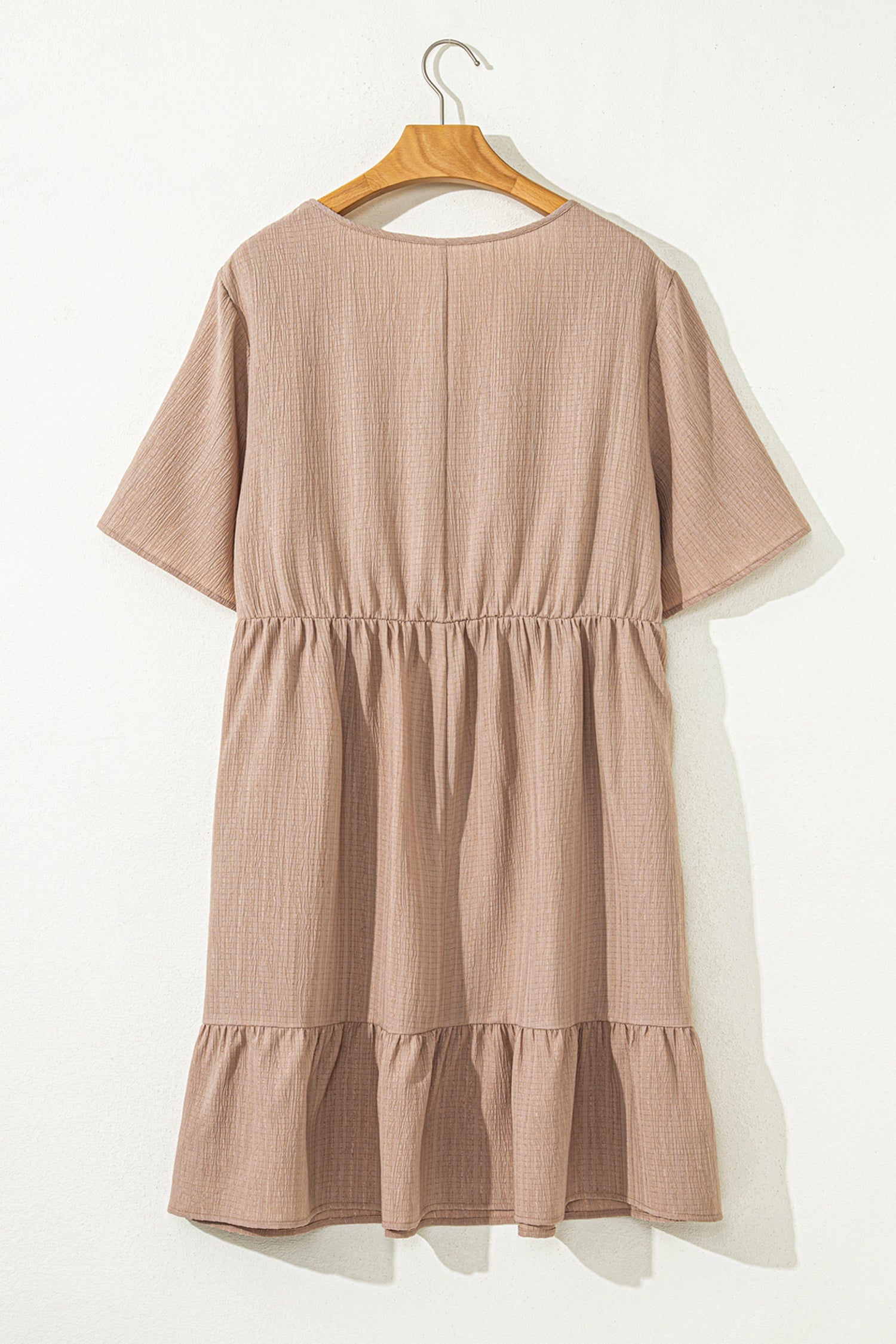 Textured Ruffle V-Neck Mini Dress in Taupe & Khaki
