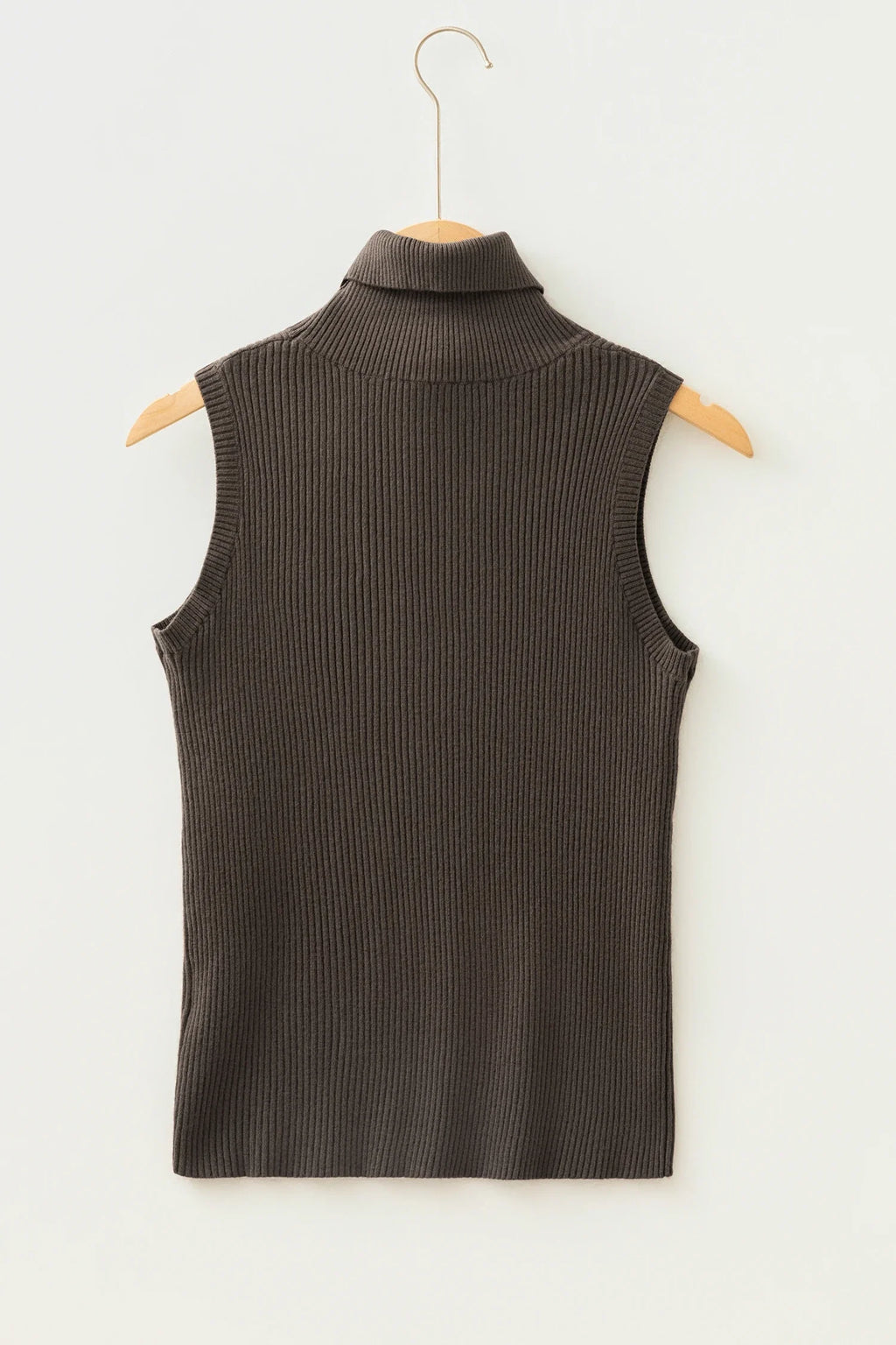 Solid Ribbed Knit Turtleneck Sleeveless Top