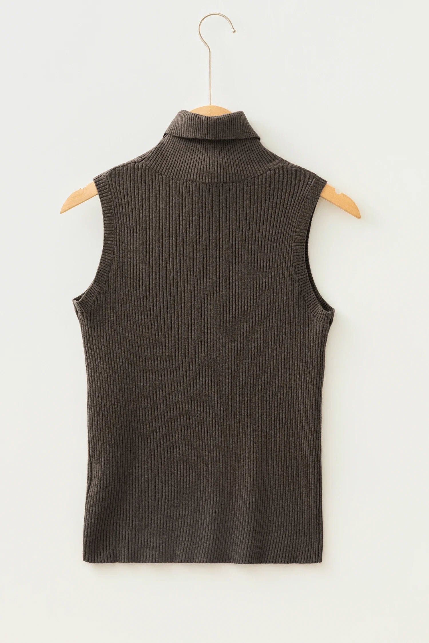 Solid Ribbed Knit Turtleneck Sleeveless Top