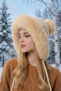Triple Pom-Pom Fleece Knit Hat with Ear Straps
