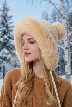 Triple Pom-Pom Fleece Knit Hat with Ear Straps