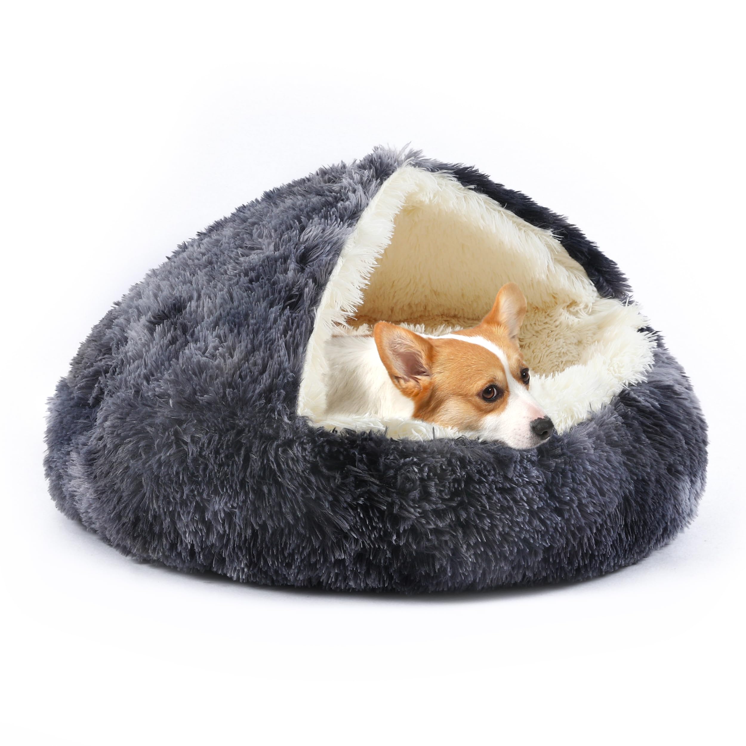 KITTYWOO Dog Bed Round Hooded Plush Cat Cave Self Warming Pet Bed Donut Anti Anxiety Fluffy Pet Bed for Puppy and Kitty