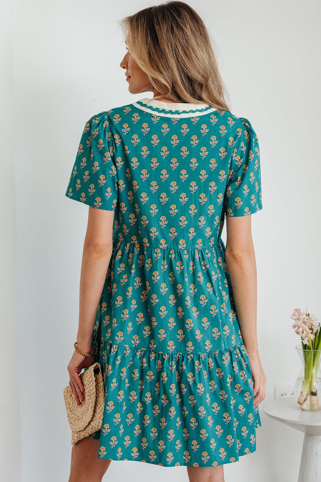 Clover Short Sleeve Floral V-Neck Dress with Contrast Trim
