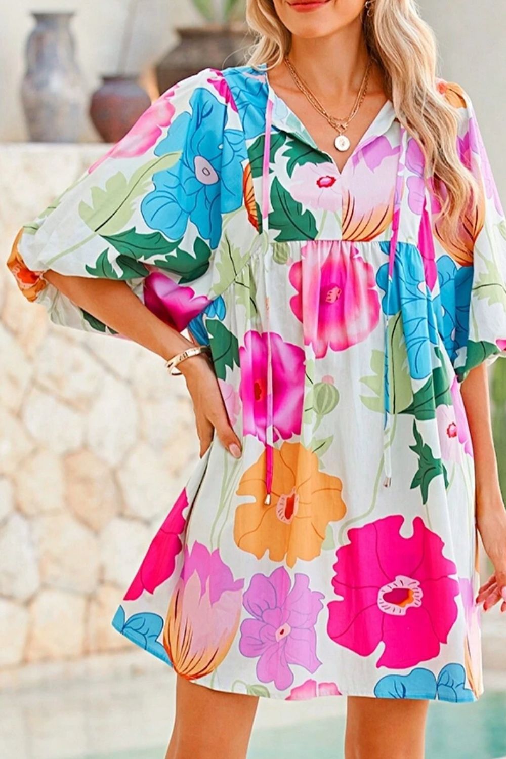 Floral Print Tie-Neck Dress - Elegant Lightweight Midi Dress