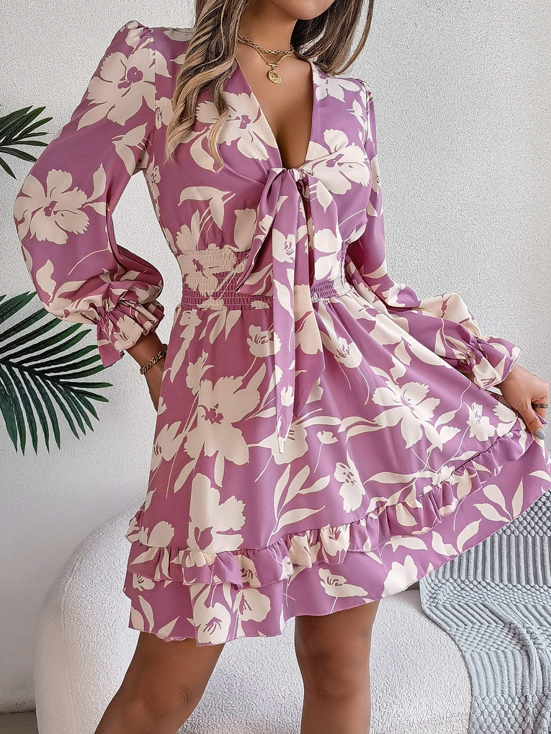 Floral Ruffled Long Sleeve Midi Dress in Lilac Maroon Green Cream