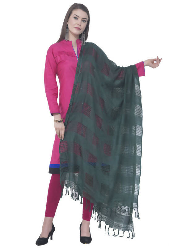Bottle Green Window Cotton Dupatta - Lightweight Breathable Weave