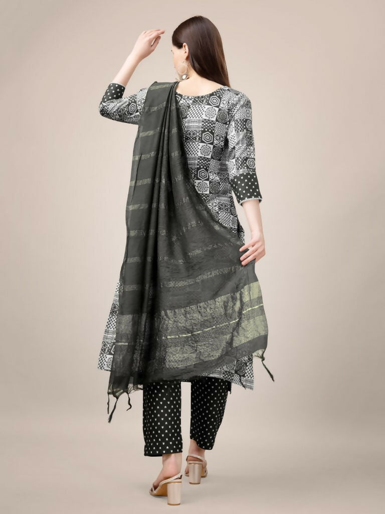 Women's Black Rayon Printed Kurta Set with Embroidery & Lace