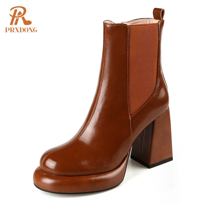 Women's Genuine Leather Black Beige Chunky Platform Ankle Boots
