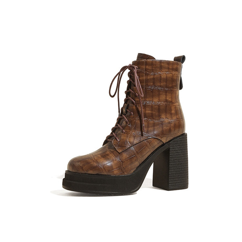 Women's Round Toe Platform Short Boots - Leather Lace-Up Style - Image 5