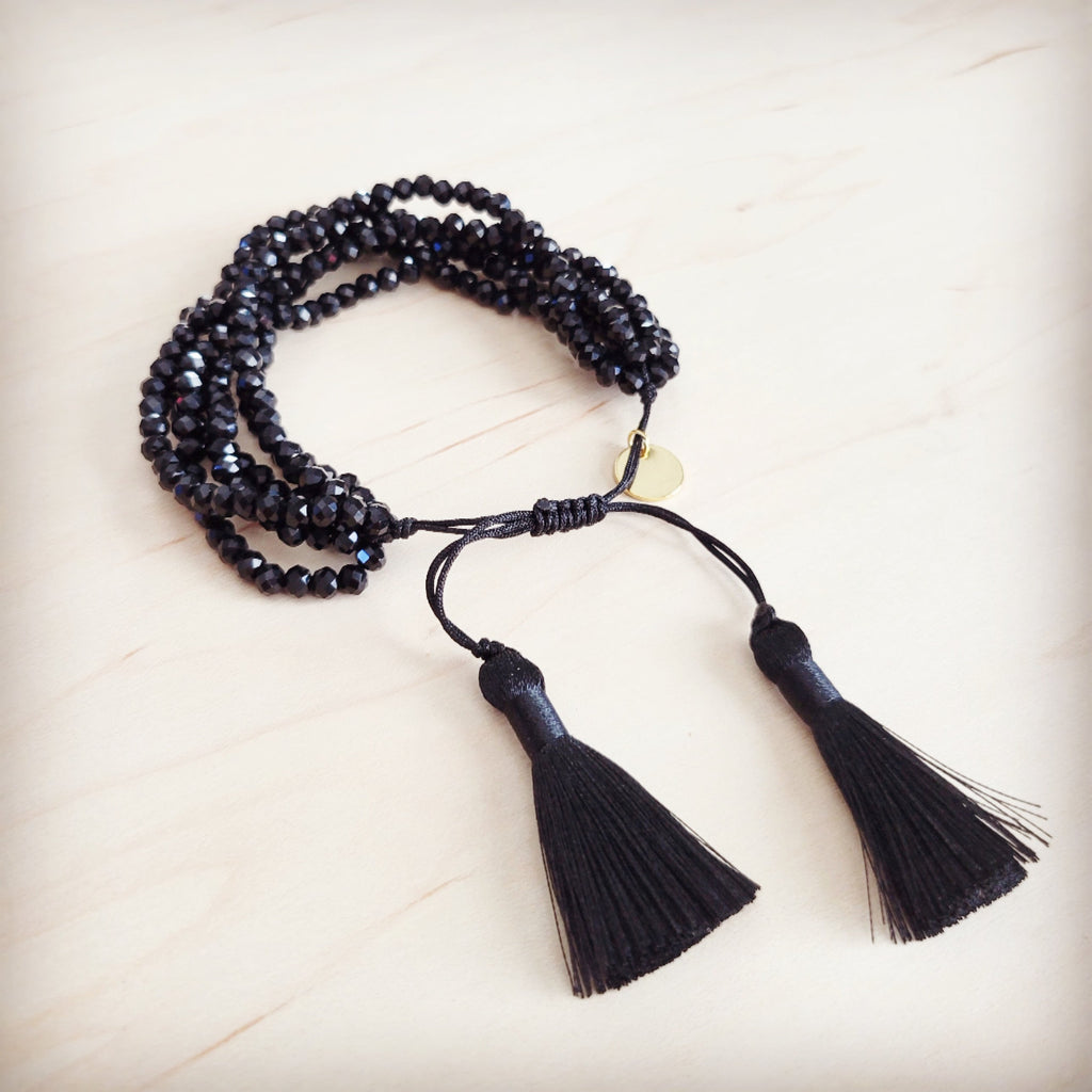 Midnight Multi-Strand Faceted Black Bead Tassel Bracelet - Image 3