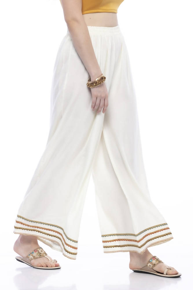Cream Wide Leg Rayon Cotton Palazzo Pants for Women