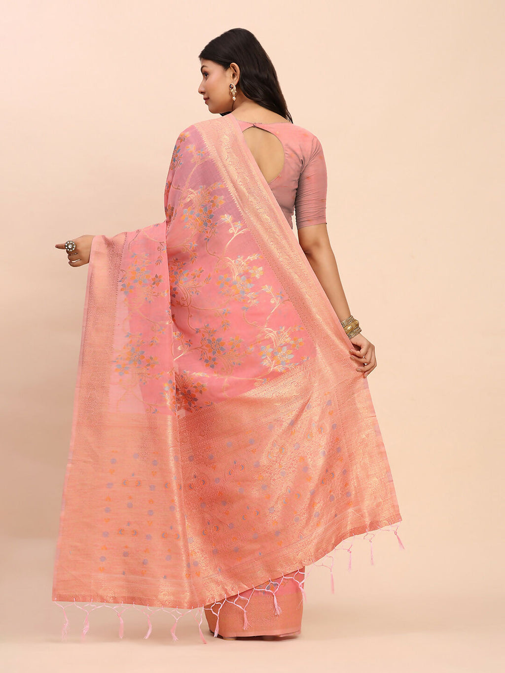 Elegant Peach Linen Cotton Saree with Matching Blouse