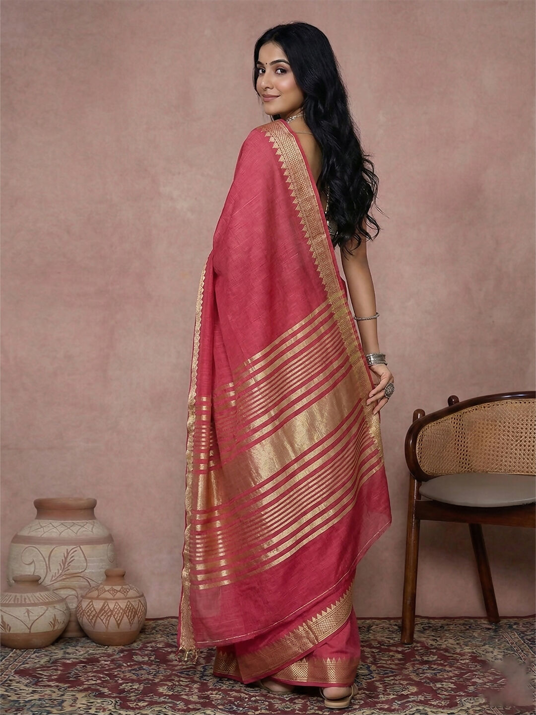 Maroon Cotton Saree with Matching Blouse Piece