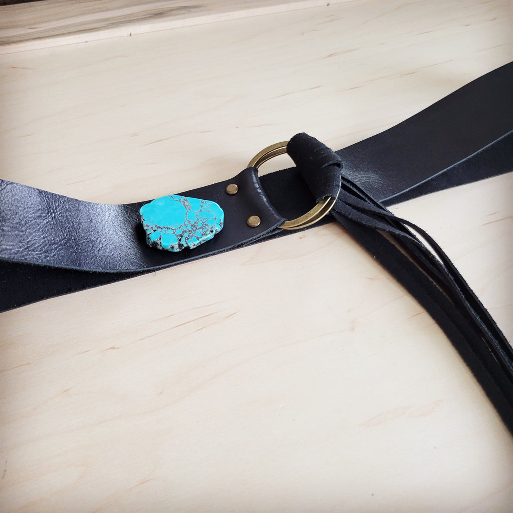 Black Leather Belt with Leather Fringe Closure and Turq Slab 908w