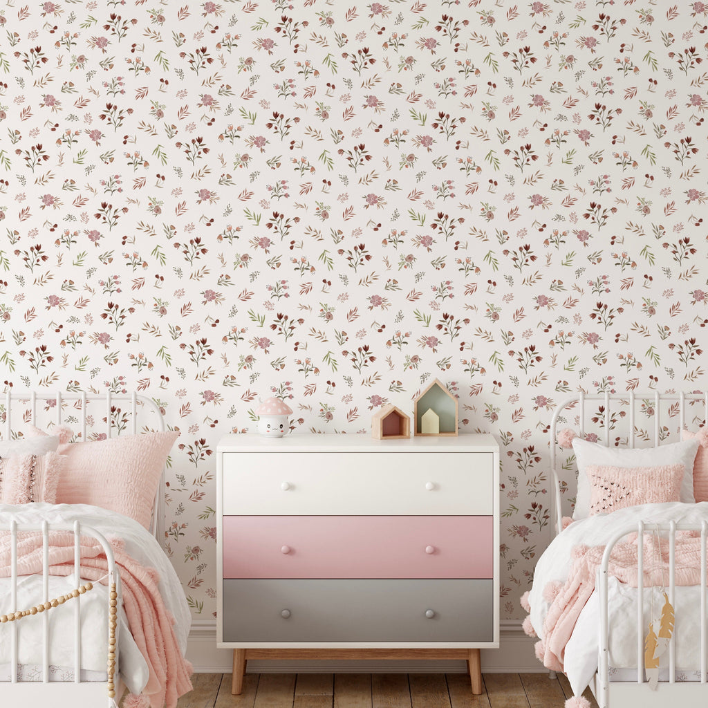 Holland Floral Removable Wallpaper in White, Dusty-Rose & Muted-Green