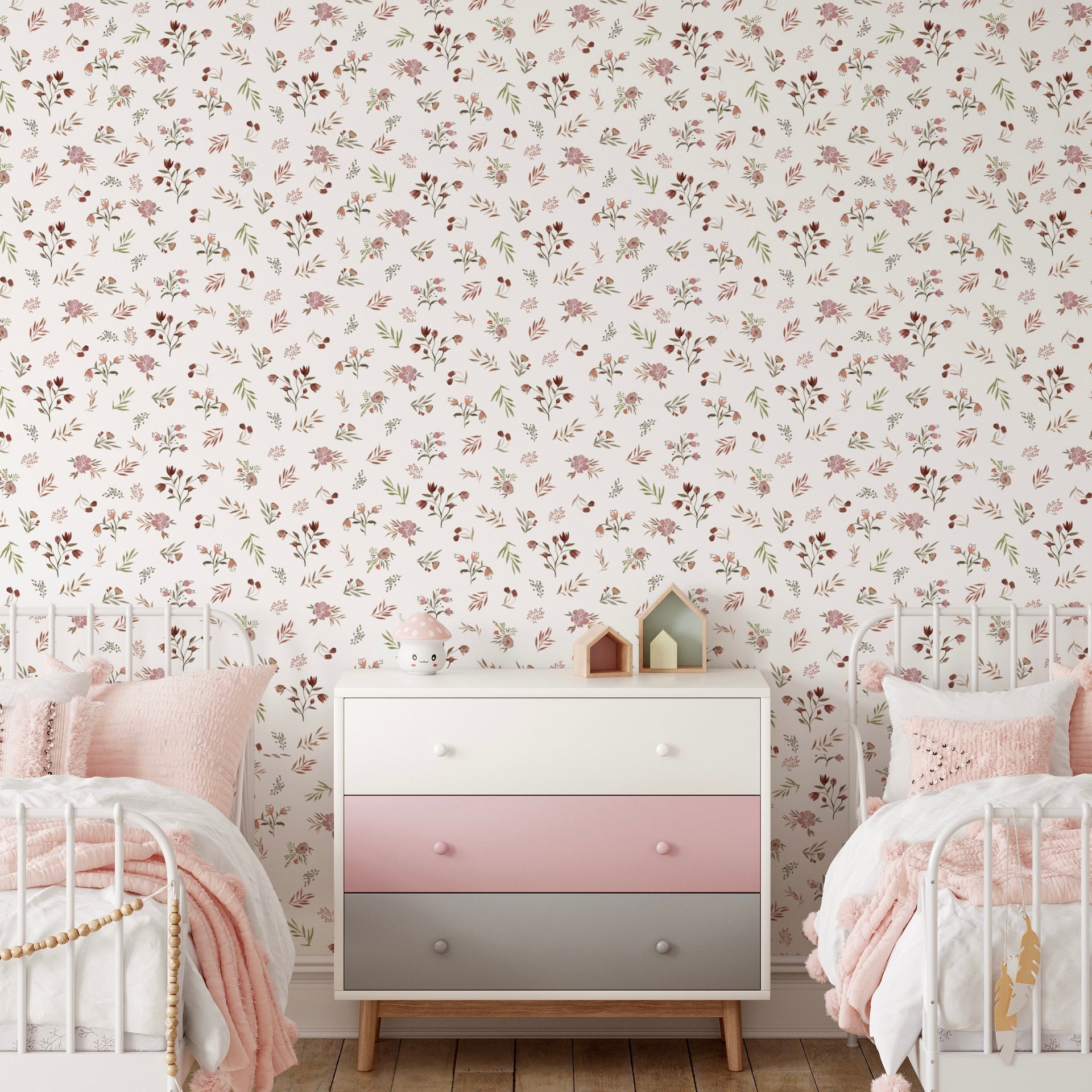 Holland Floral Removable Wallpaper in White, Dusty-Rose & Muted-Green