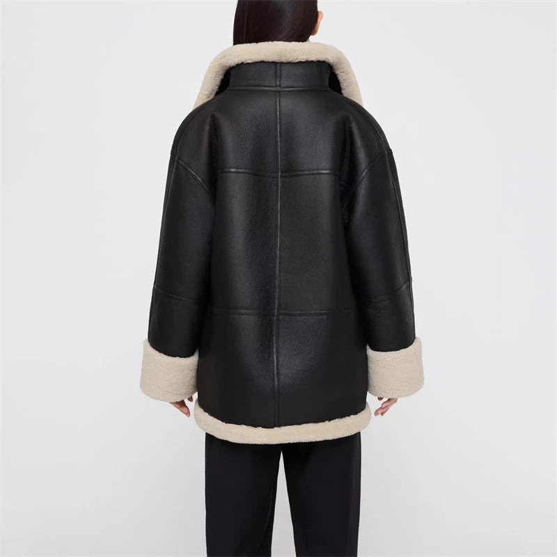 Women's Black Faux Leather Jacket with Cozy Faux Fur Lining - Image 2