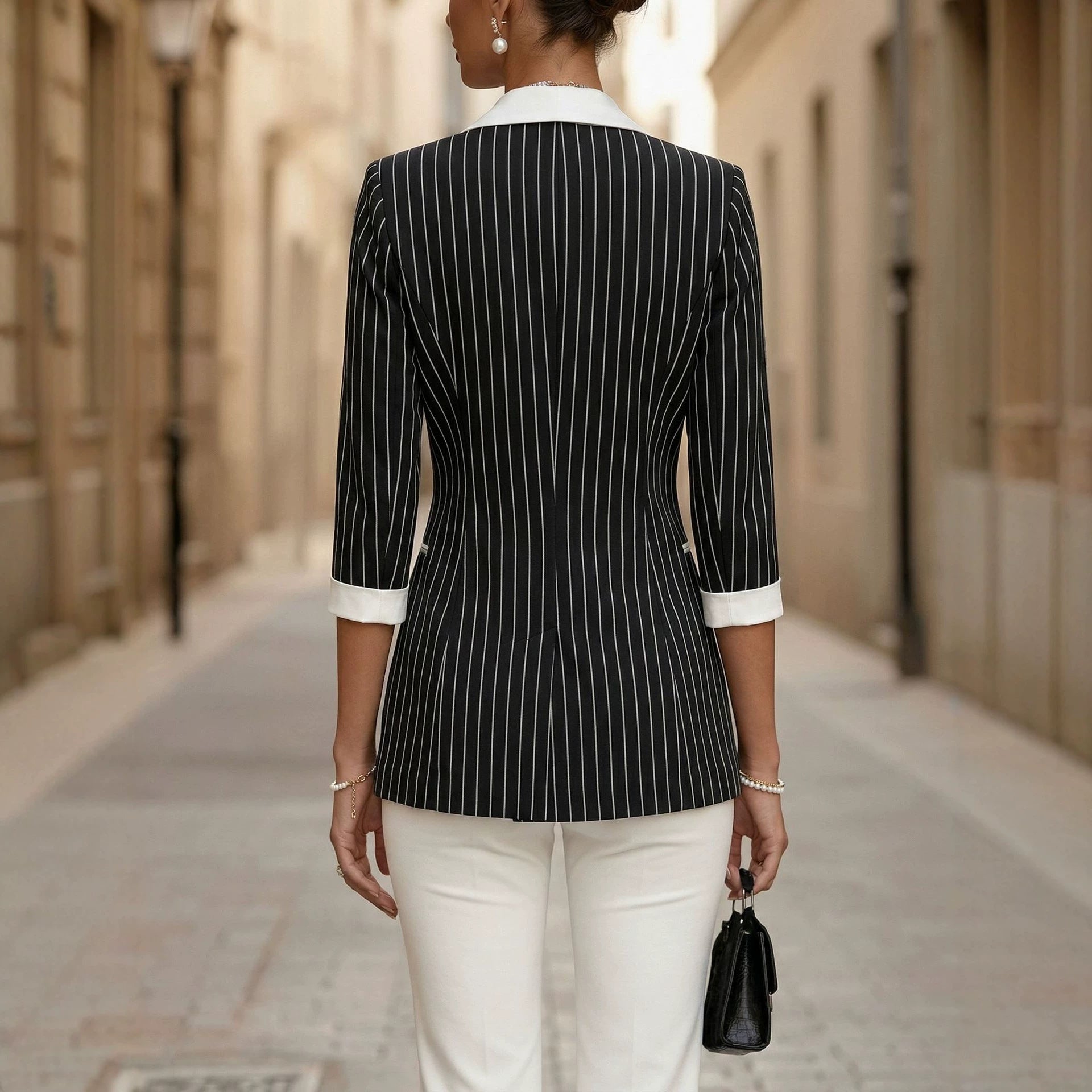 Pinstripe Double-Breasted Blazer | Contrast Lapel & Silver Buttons | Black