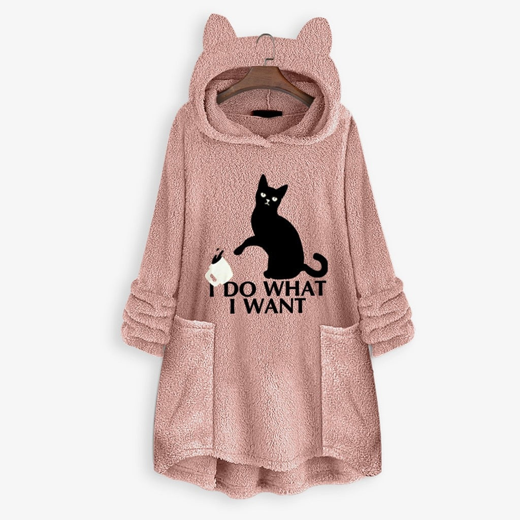 Playful Cat Ear Hoodie Sweatshirt with 'I Do What I Want' Graphic - Image 4