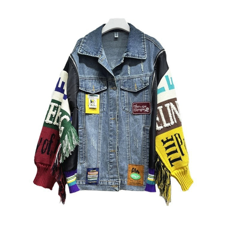 Women's Playful Multicolor Fringed Embroidered Denim Jacket