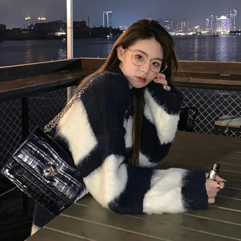 Women's Black & White Striped Mohair Oversized Pullover - Image 2