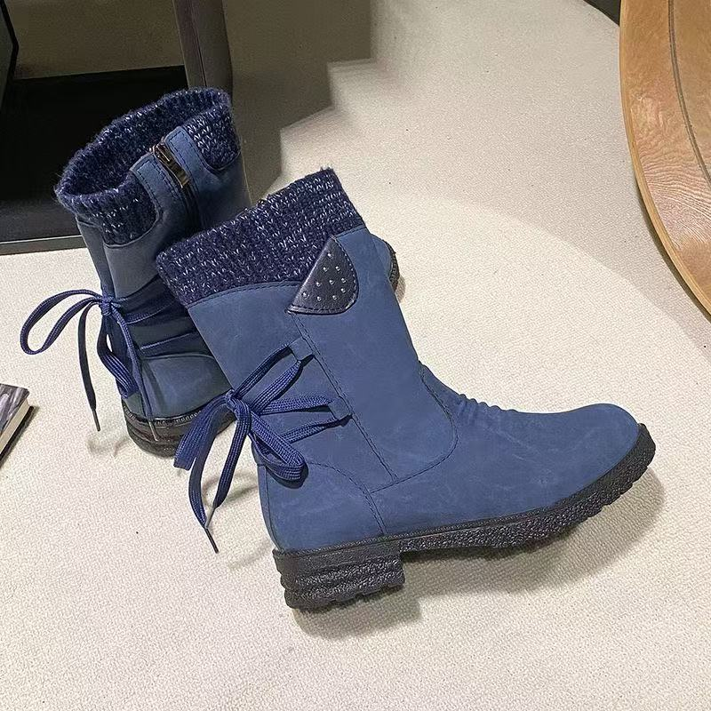 Women's Mid-Calf Lace-Up Boots with Knit Cuff and Side Zipper - Image 5