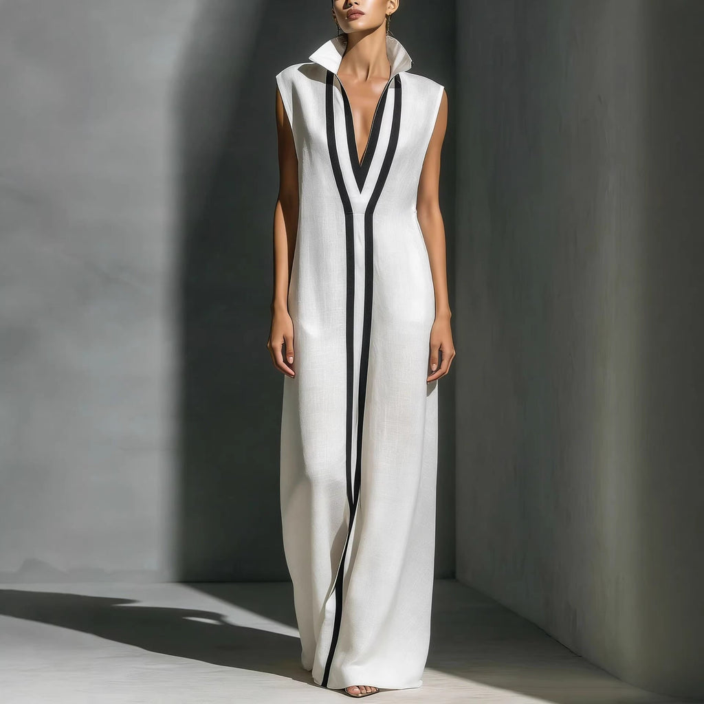 Women's V-Neck Color-Block Sleeveless A-Line Maxi Dress - Image 2