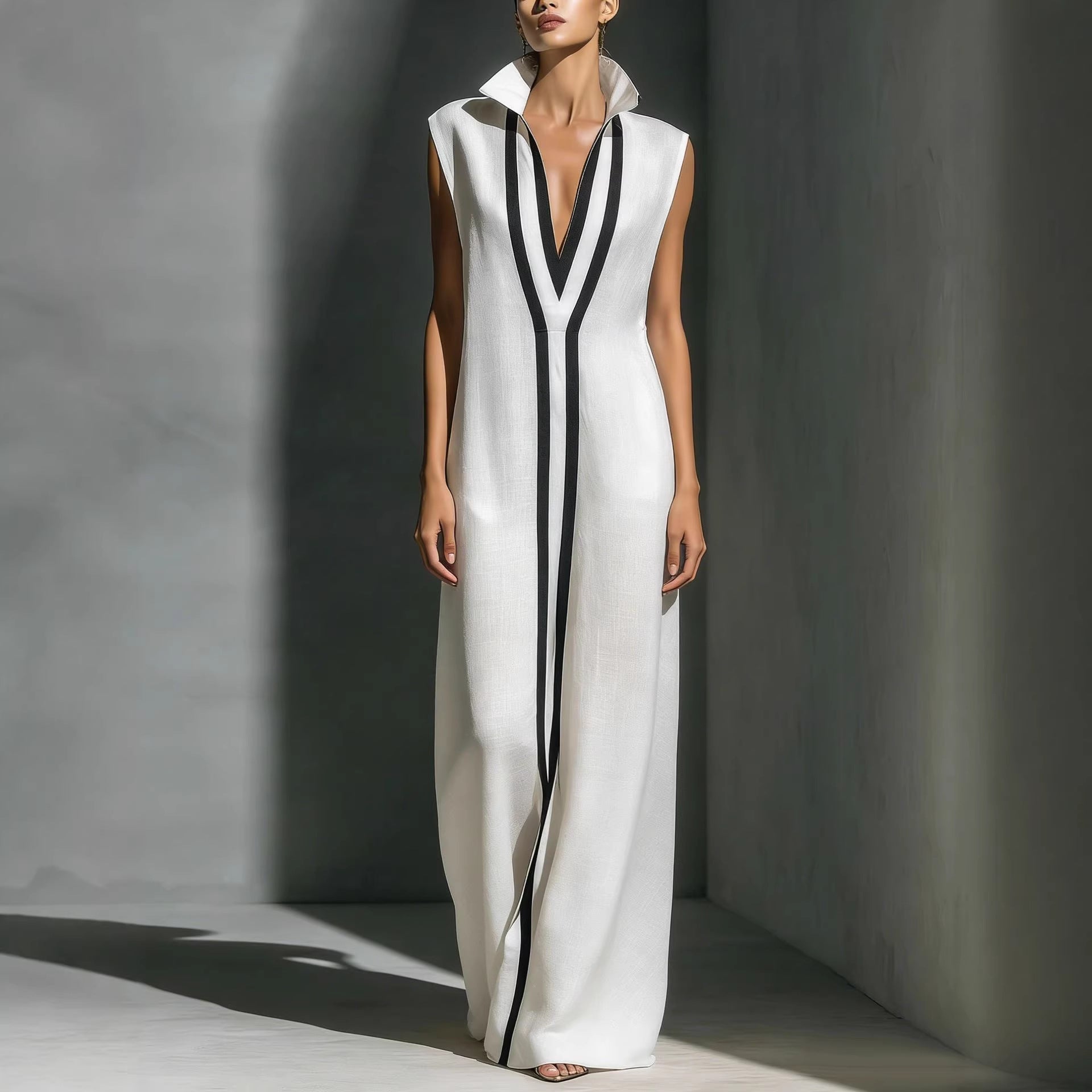 Women's V-Neck Color-Block Sleeveless A-Line Maxi Dress - Image 2
