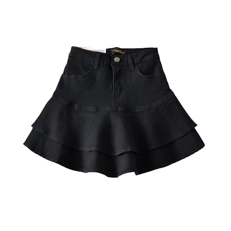High Waisted Tiered Denim Mini Skirt with Ruffle Hem - Image 6