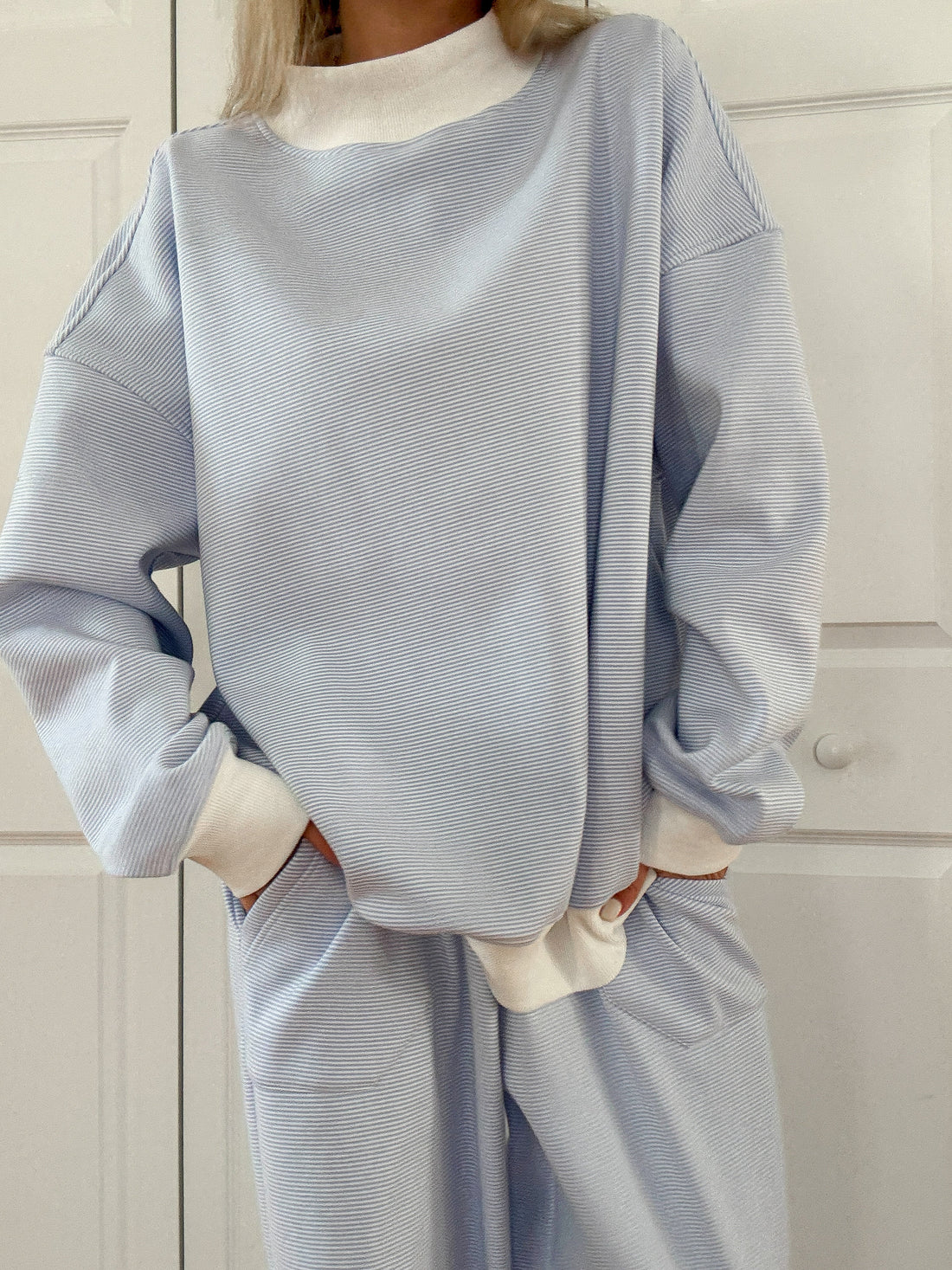Blue and White Mini Striped Mockneck Sweatshirt Unisex