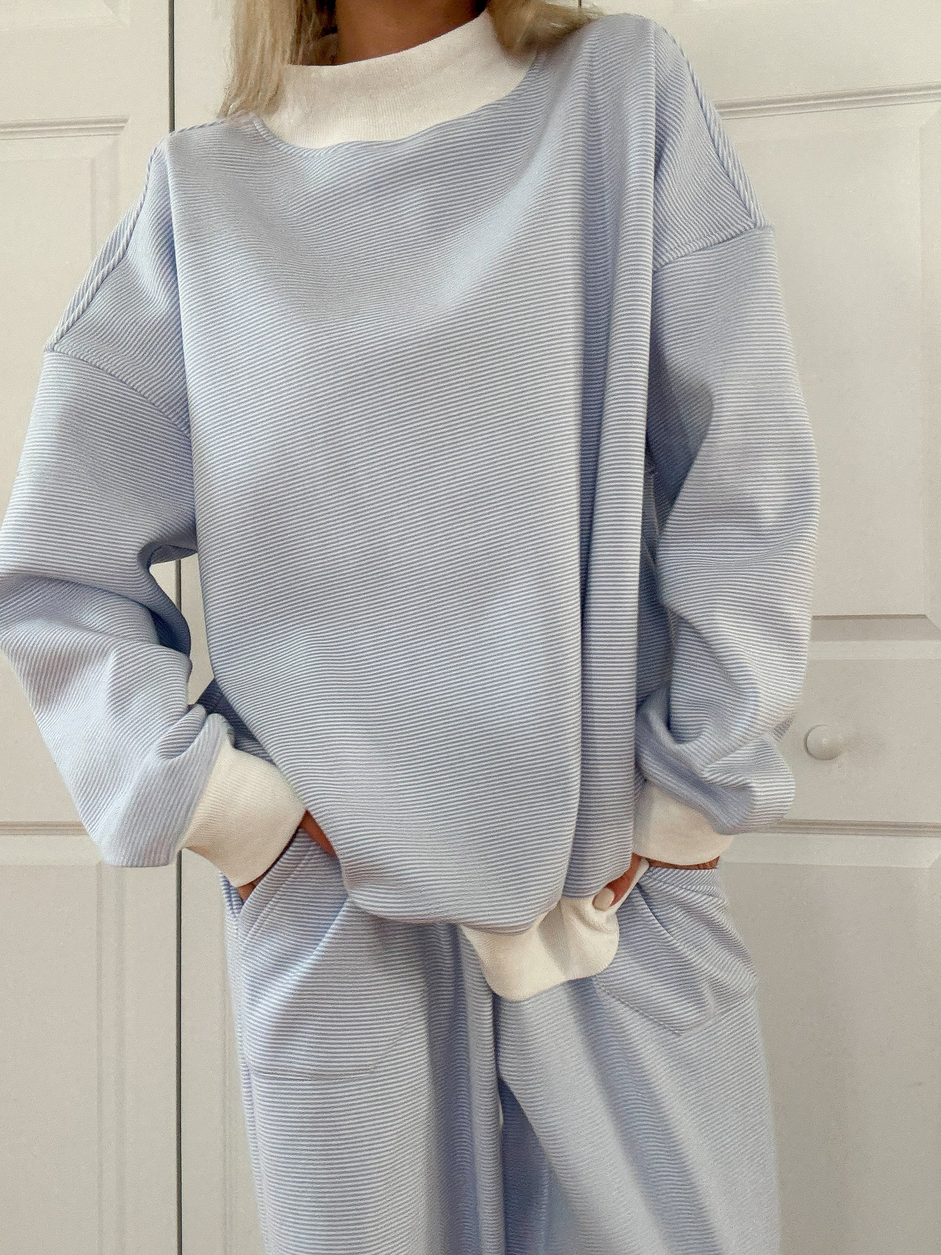 Blue and White Mini Striped Mockneck Sweatshirt Unisex