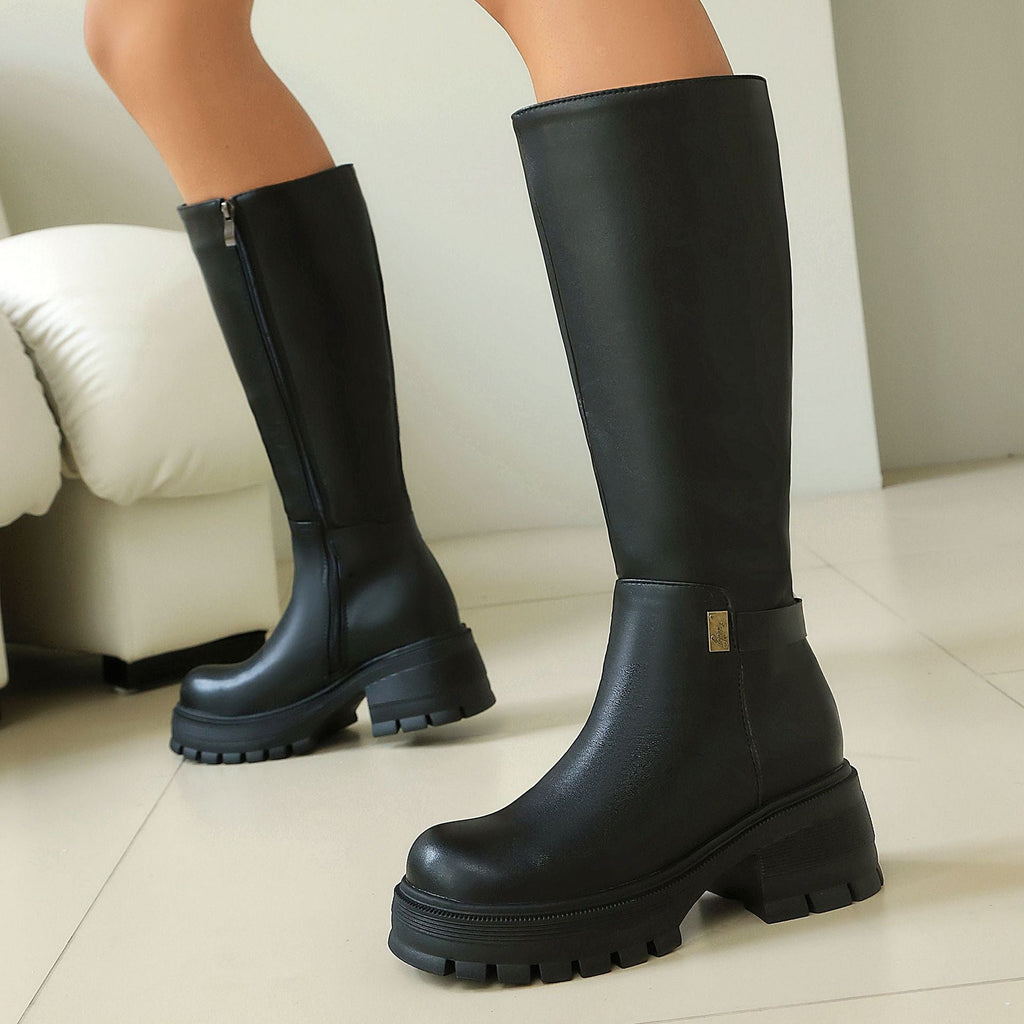 Women's Chunky Heel Knee-High Boots – Faux Suede & PU Platform Block Heel