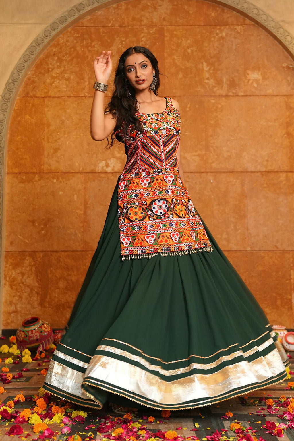 Green Georgette Designer Navratri Lehenga Choli with Multi Blouse
