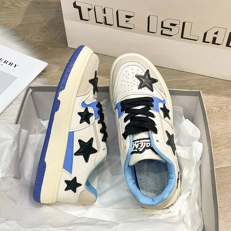 Contrast Star Round Toe Athletic Sneakers - White Y2K Flat Shoes