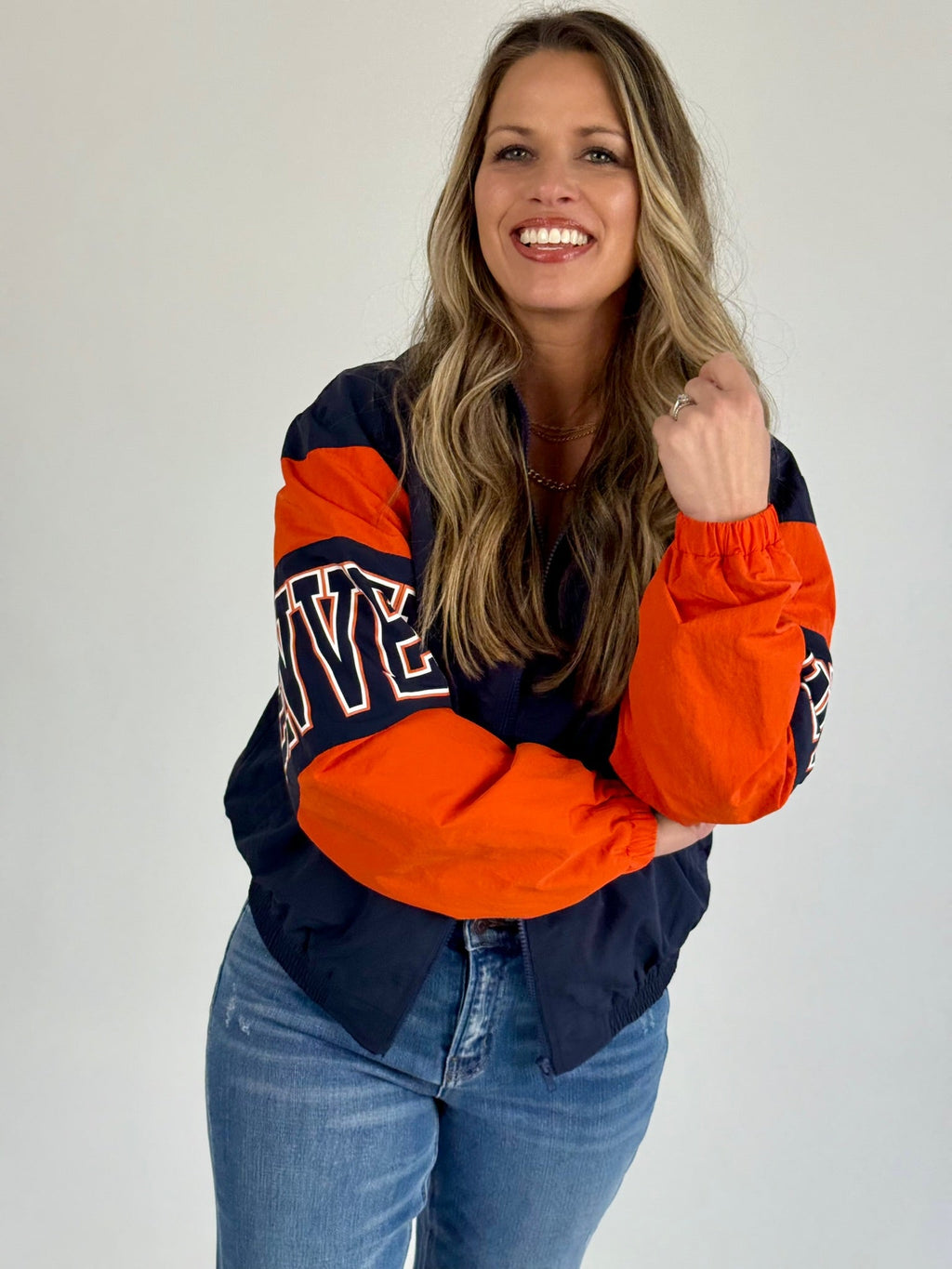 Denver Retro Jacket Women's Navy and Orange Sporty Bomber Zip-Up