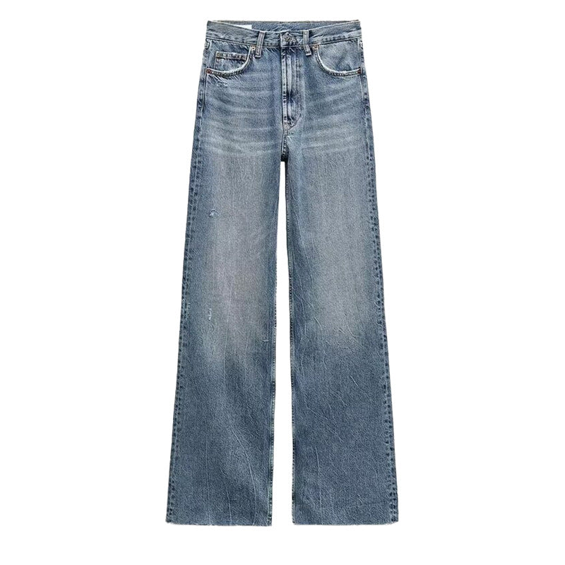 Women's loose wide-leg high-waisted denim jeans in light blue and dark blue washes